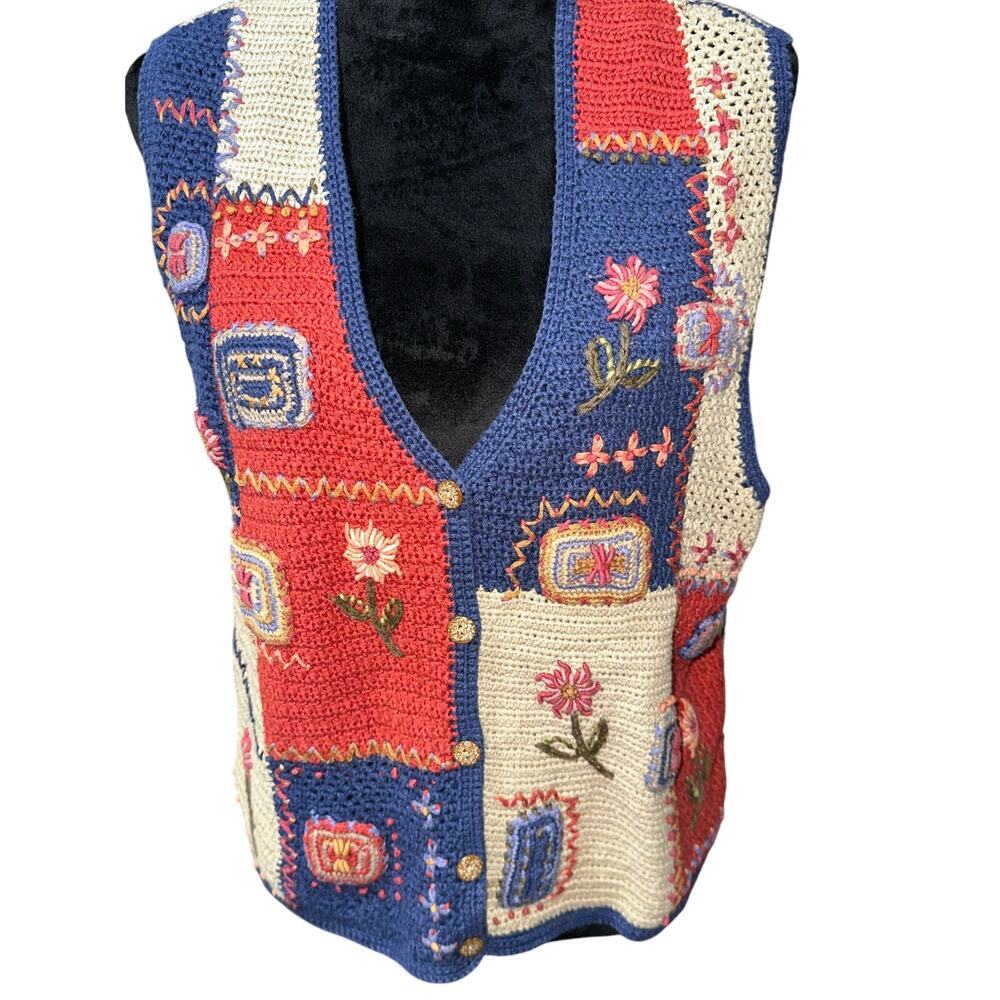 Boho Hand Knit Sweater Vest XL Cottagecore Floral Embroidered Knit Cardigan XL - Picture 2 of 14